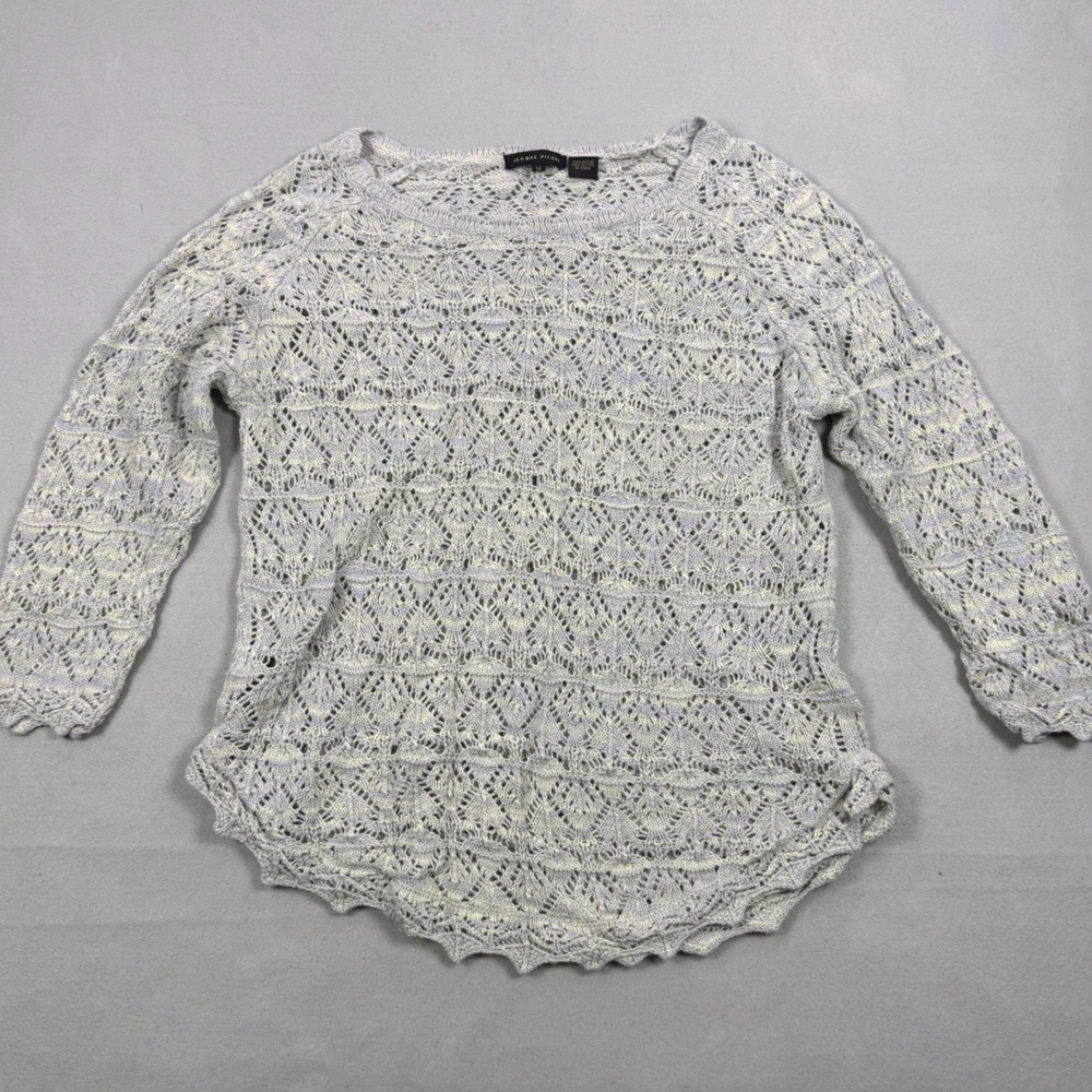 Jeanne Pierre Pastel Space Dye Pointelle Knit Cotton Sweater Scalloped Hem Med